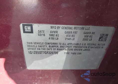 2016 Chevrolet Malibu 1Lt из США, поврежденный, VIN 1G1ZE5ST7GF229790